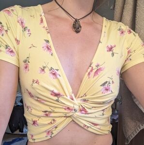 Forever 21 Yellow And Pink Floral Twist-Front Crop Top